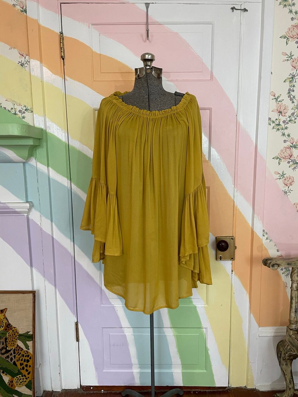 INDAH Small Mustard Off Shoulder Bell Sleeve Boho Tunic Mini Dress Rayon